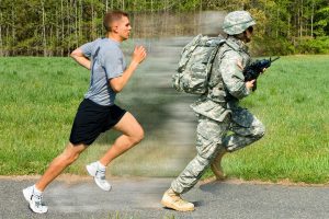 2 pictures in 1, a man in shorts and a tshirt running. Then fast forwarded to the same man in full army gear running.