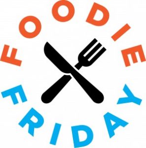 Foodie Friday Breakfast Bowl, Foodie Friday written in orange and blue, crisscrossed black fork and knife in the middle