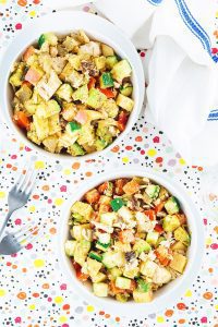 Foodie Friday - Tuna Salad Lunch, tuna salad in a white bowl with a confetti table cloth underneath
