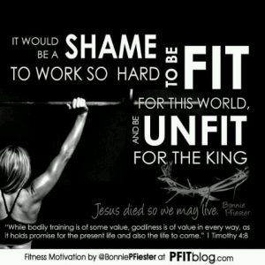 FiT for the Lord, black and white picture, a woman lifting a barbell with a crown of thorns and a saying written across