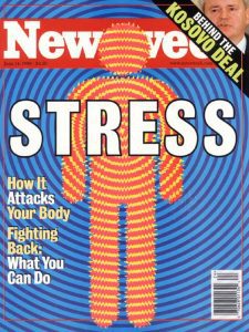 How your Faith can Help with your High Cholesterol, blue orange and white magazine with a stick figure on the cover wtiht he word stress written across