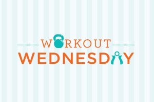 Workout Wednesday - the words written in orance with a teal kettlebell as the "O"