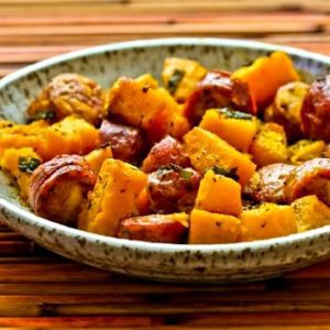 Winter Squash and Sausage with Herbs, picutre of a bowl of the meal hot and ready