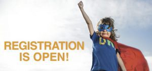 Summer and Fall Registration is now OPEN, girl in a super hero outfit with her hand up ready for "registration is now open"