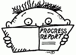 Two week ReStart Your Heart Progress Report, black and white cartoon with a book saying "Progress Reports"